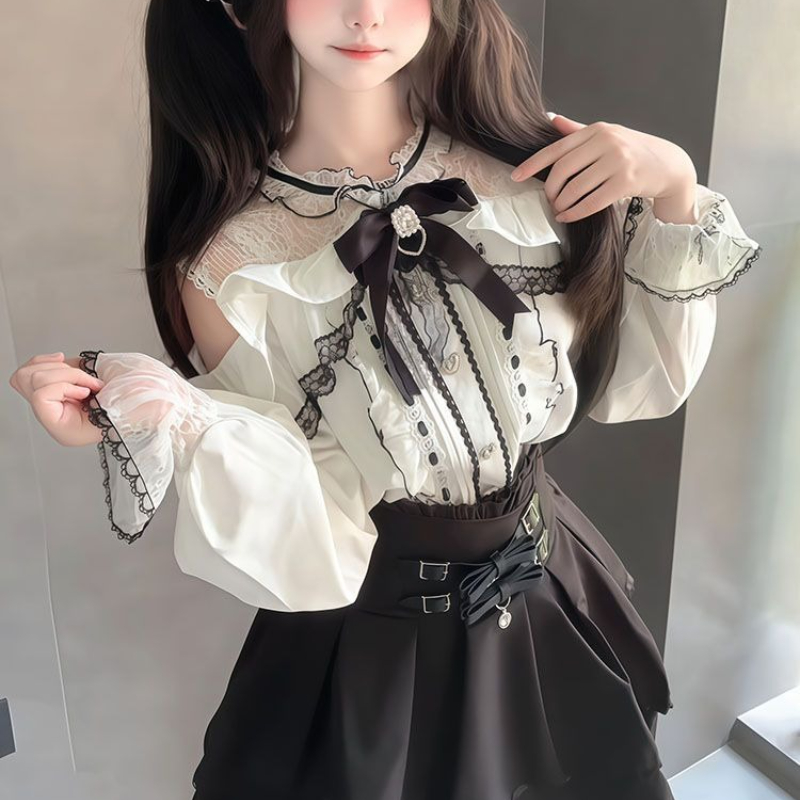 Japonês gótico y2k lolita esti - Blouse Off Shoulder avaliação e preço